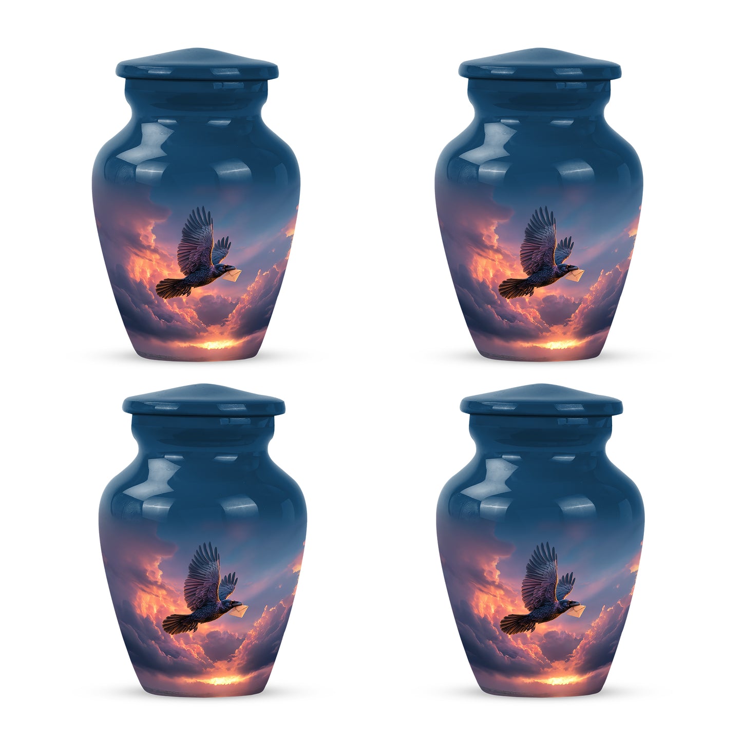 Azure Crow Cremation Urn side profile showing urn shape - classic sculpted crow pattern on smooth aluminum - 10 inch aluminum urn for cremated remains