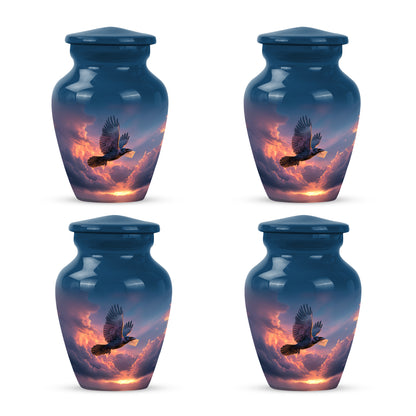 Azure Crow Cremation Urn side profile showing urn shape - classic sculpted crow pattern on smooth aluminum - 10 inch aluminum urn for cremated remains