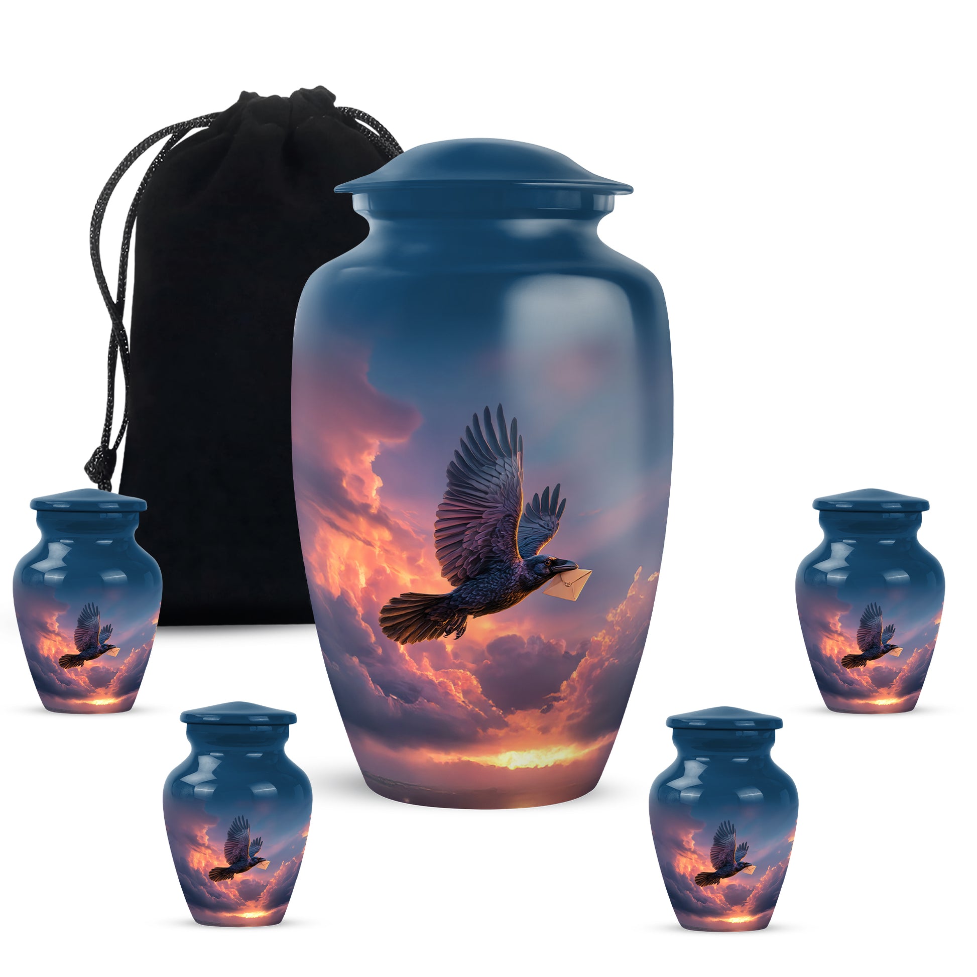 Calming Blue Crow Cremation Urn top-down view of secure threaded lid - elegant classic crow relief with fine detailing - memorial set with one large and four small urns
