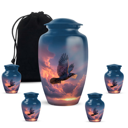 Calming Blue Crow Cremation Urn top-down view of secure threaded lid - elegant classic crow relief with fine detailing - memorial set with one large and four small urns