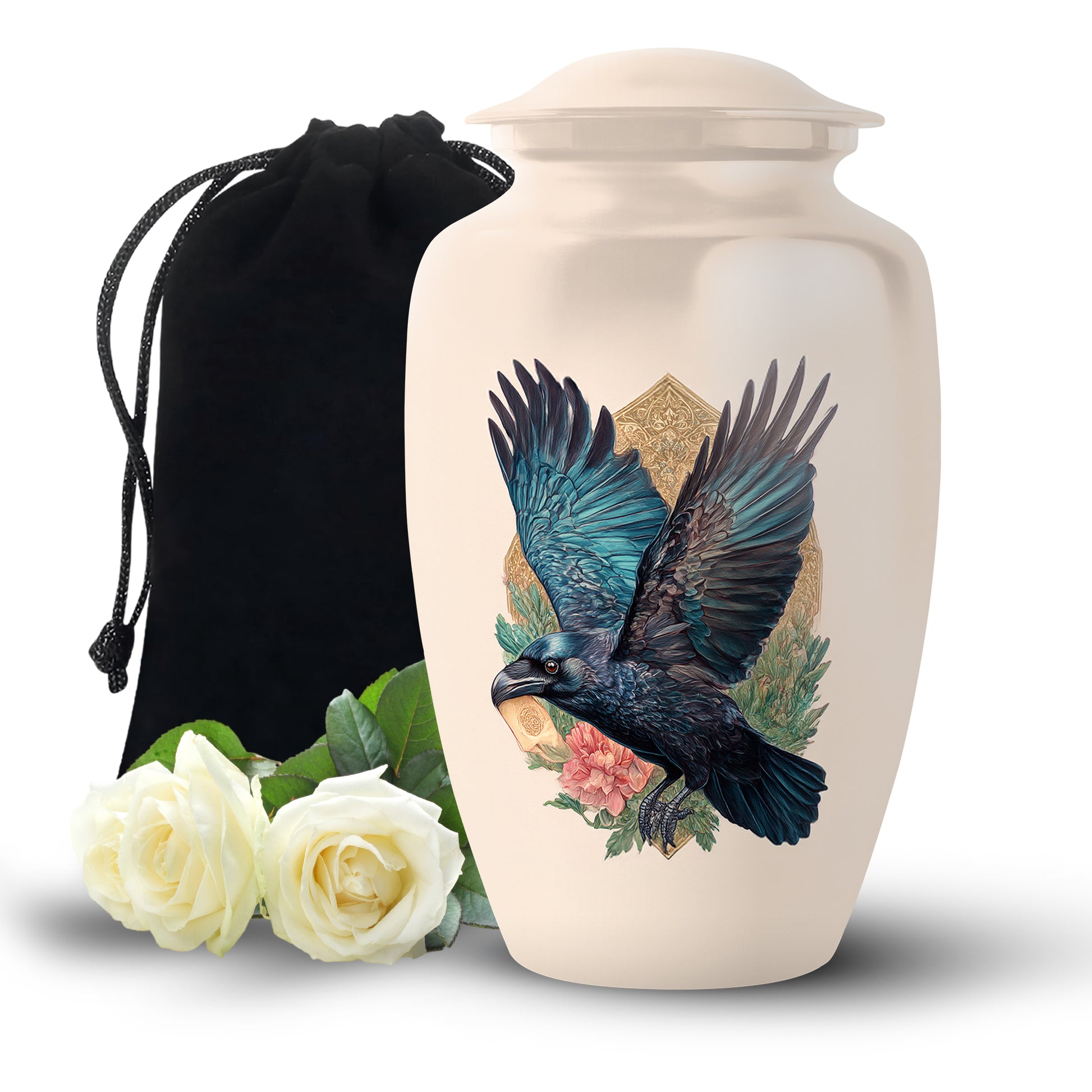 Gilded Gold Crow Cremation Urn angled view of lid and engraved motif - timeless crow motif etched into premium metal - full-size 10 inch 200 cubic inch adult cremation urn