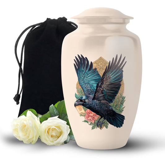 Gilded Gold Crow Cremation Urn angled view of lid and engraved motif - timeless crow motif etched into premium metal - full-size 10 inch 200 cubic inch adult cremation urn