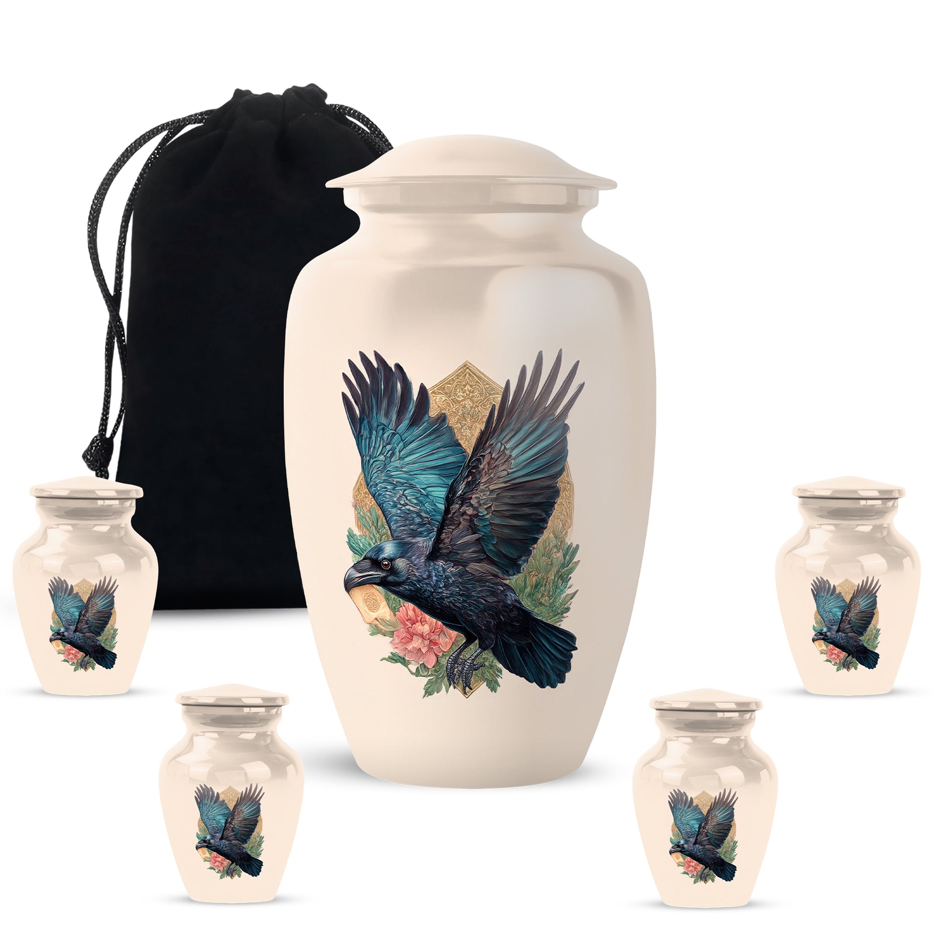 Warm Gold Crow Cremation Urn top-down view of secure threaded lid - traditional crow engraving with hand-polished finish - memorial set with one large and four small urns