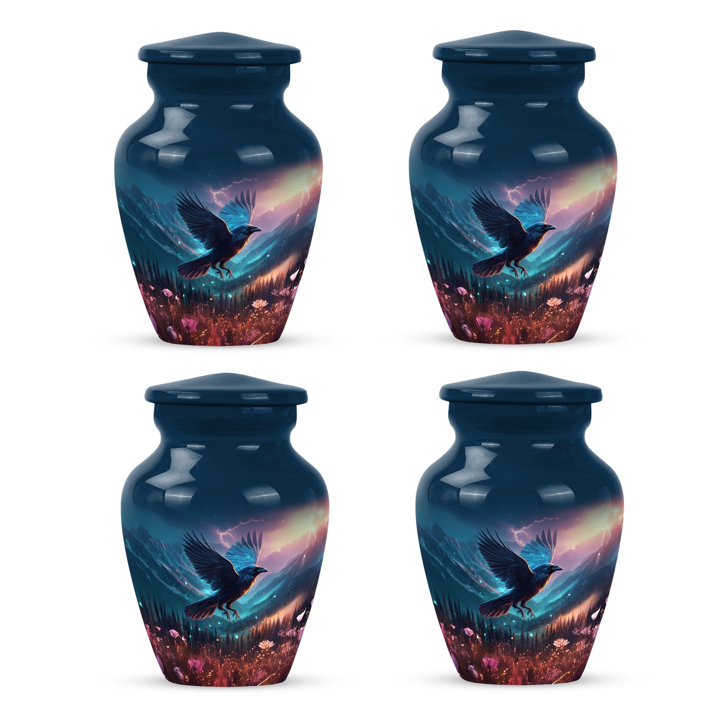 Cornflower Blue Crow Cremation Urn side profile showing urn shape - traditional crow engraving with hand-polished finish - 10 inch aluminum urn for cremated remains