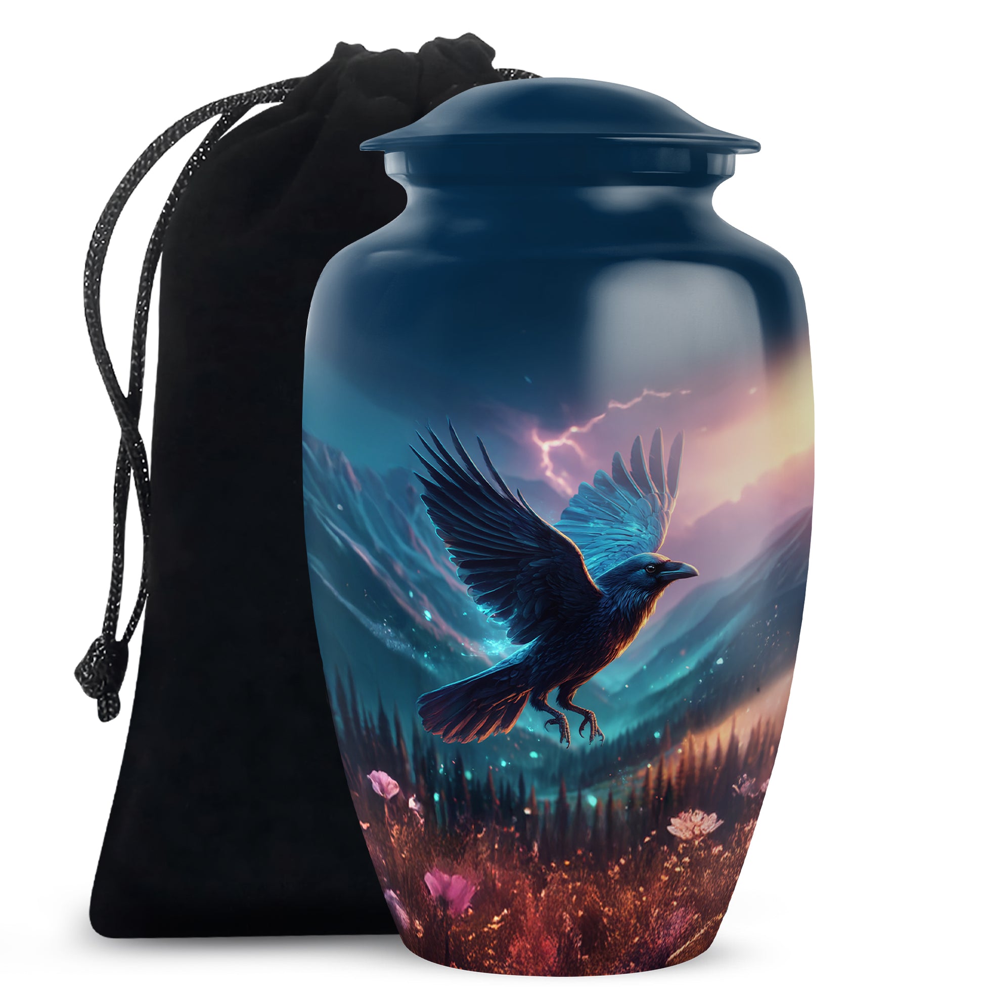 Royal Blue Crow Cremation Urn angled view of lid and engraved motif - elegant classic crow relief with fine detailing - full-size 10 inch 200 cubic inch adult cremation urn