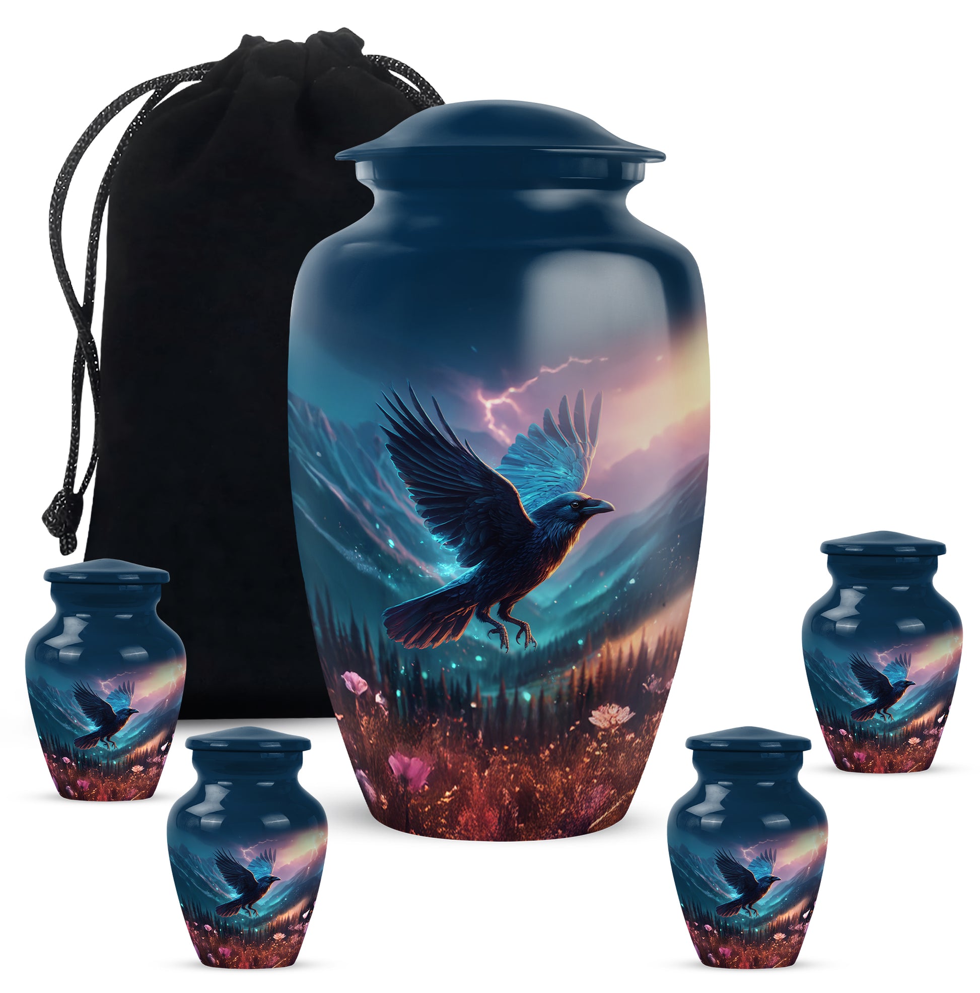 Slate Blue Crow Cremation Urn top-down view of secure threaded lid - classic sculpted crow pattern on smooth aluminum - memorial set with one large and four small urns