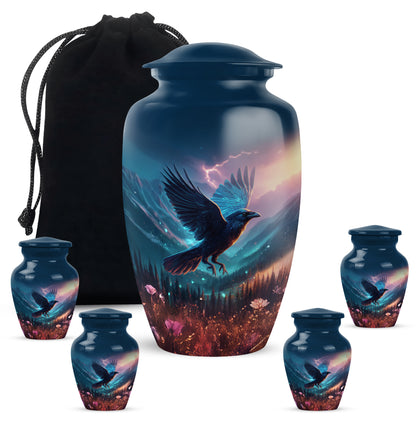 Slate Blue Crow Cremation Urn top-down view of secure threaded lid - classic sculpted crow pattern on smooth aluminum - memorial set with one large and four small urns