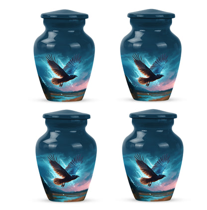 Twilight Blue Crow Cremation Urn side profile showing urn shape - elegant classic crow relief with fine detailing - 10 inch aluminum urn for cremated remains