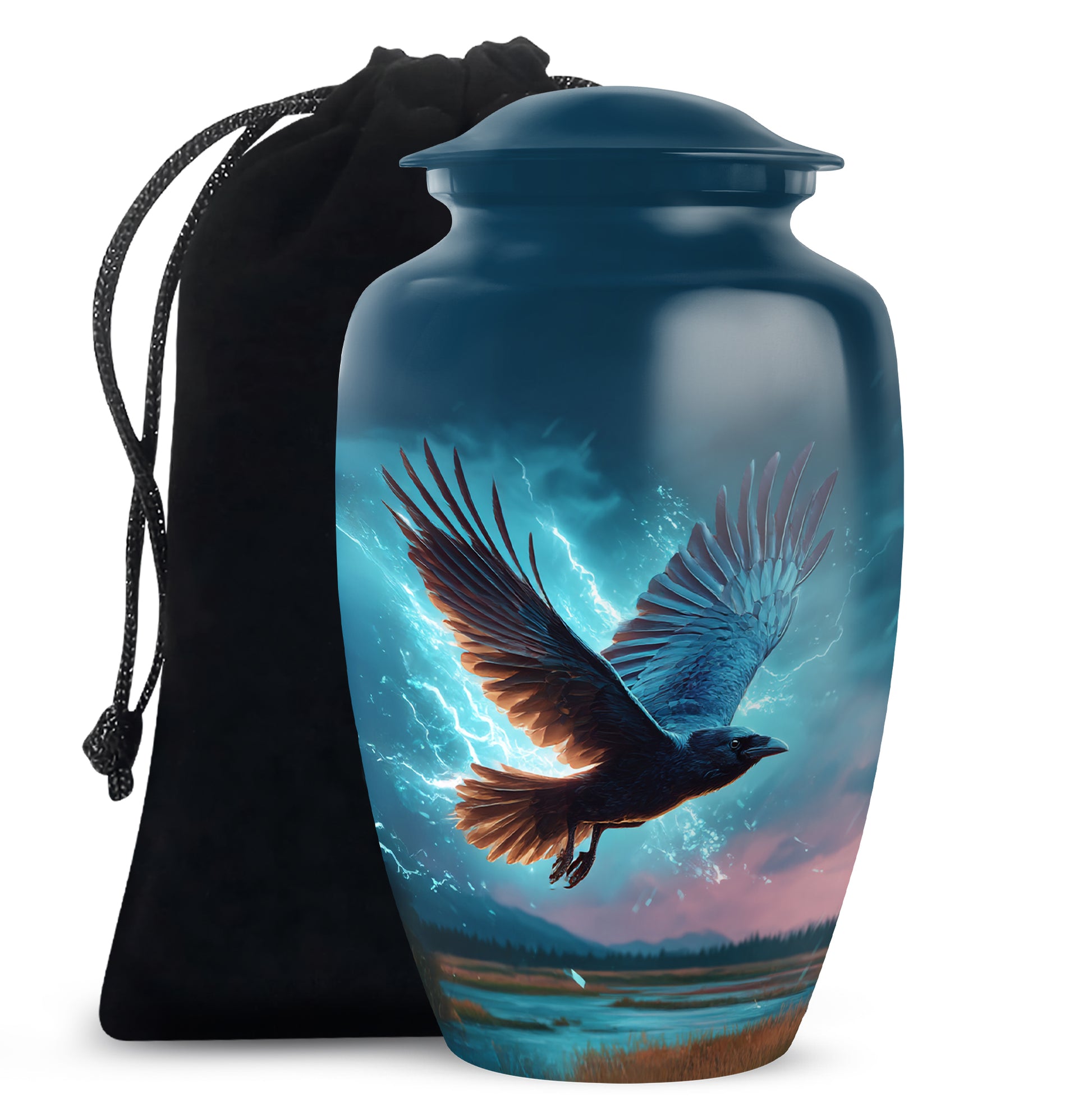 Royal Blue Crow Cremation Urn angled view of lid and engraved motif - elegant classic crow relief with fine detailing - full-size 10 inch 200 cubic inch adult cremation urn