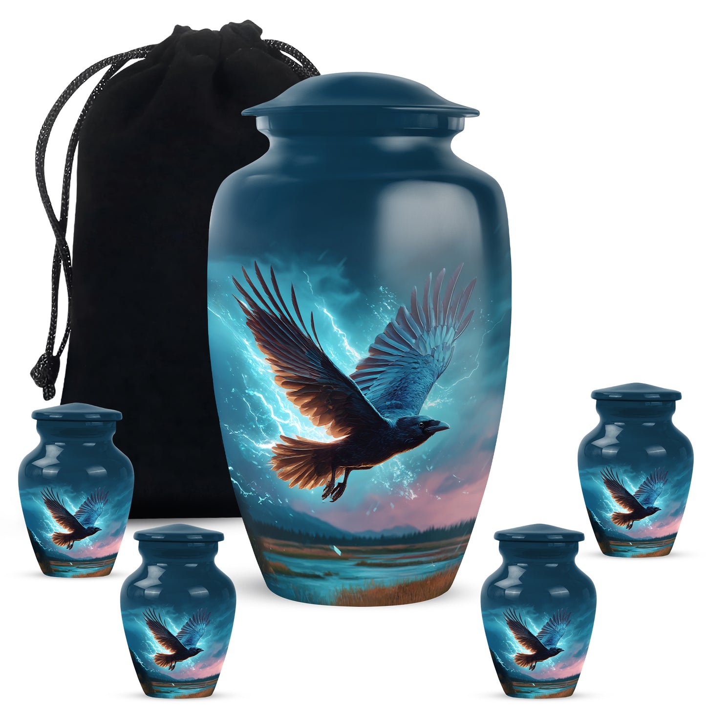 Dusty Blue Crow Cremation Urn top-down view of secure threaded lid - classic sculpted crow pattern on smooth aluminum - memorial set with one large and four small urns