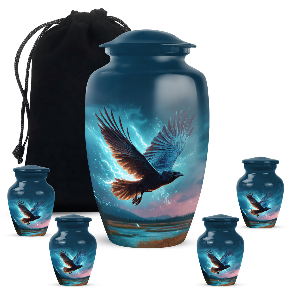 Dusty Blue Crow Cremation Urn top-down view of secure threaded lid - classic sculpted crow pattern on smooth aluminum - memorial set with one large and four small urns