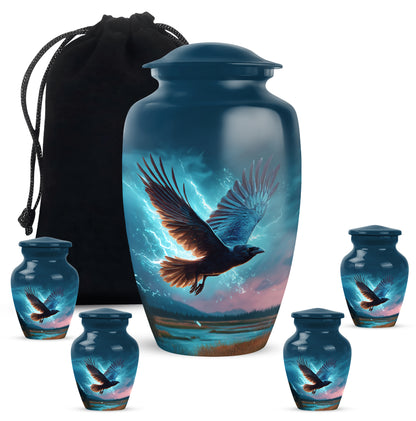 Dusty Blue Crow Cremation Urn top-down view of secure threaded lid - classic sculpted crow pattern on smooth aluminum - memorial set with one large and four small urns