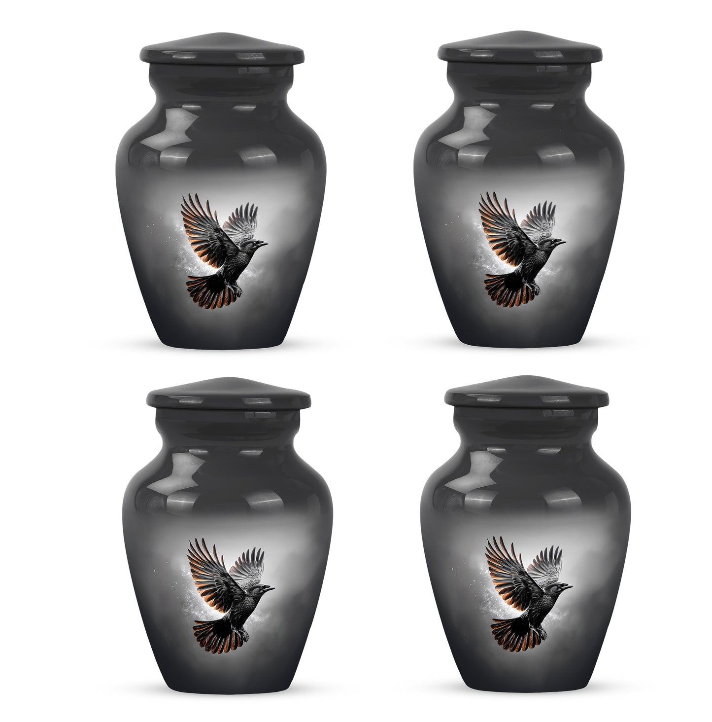 Obsidian Black Crow Cremation Urn side profile showing urn shape - elegant classic crow relief with fine detailing - 10 inch aluminum urn for cremated remains