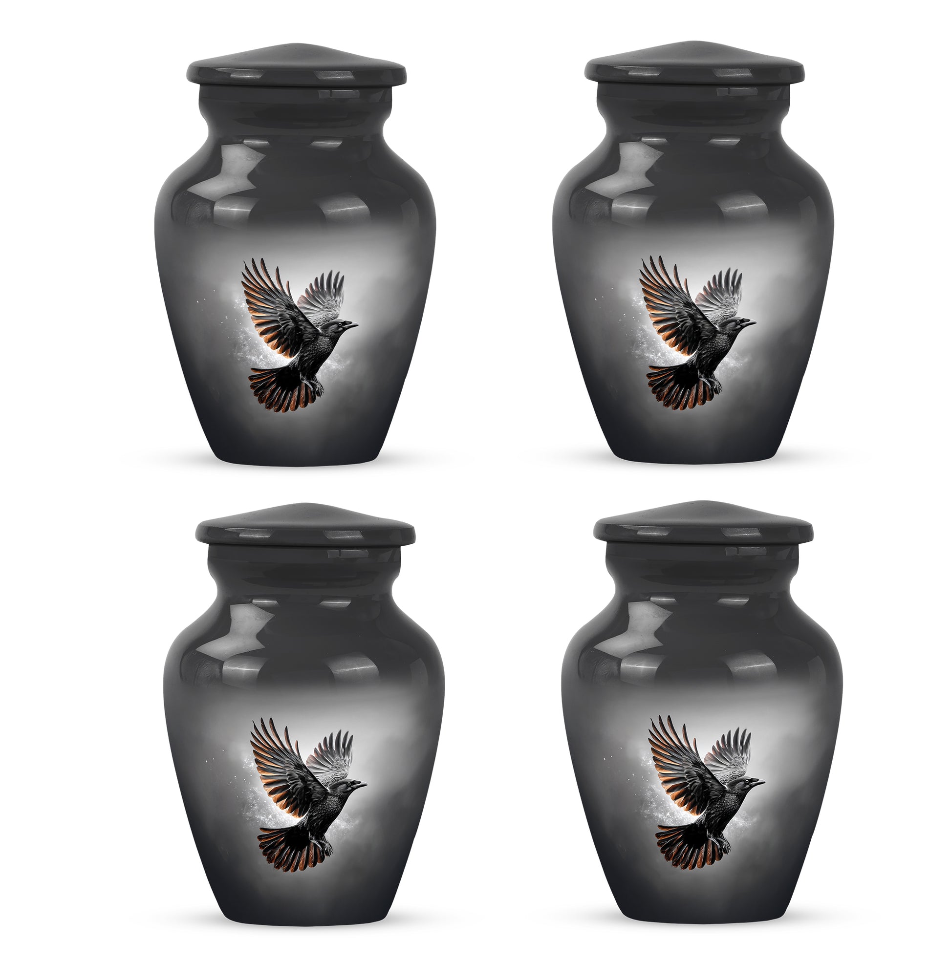 Obsidian Black Crow Cremation Urn side profile showing urn shape - elegant classic crow relief with fine detailing - 10 inch aluminum urn for cremated remains
