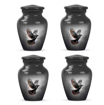 Obsidian Black Crow Cremation Urn side profile showing urn shape - elegant classic crow relief with fine detailing - 10 inch aluminum urn for cremated remains