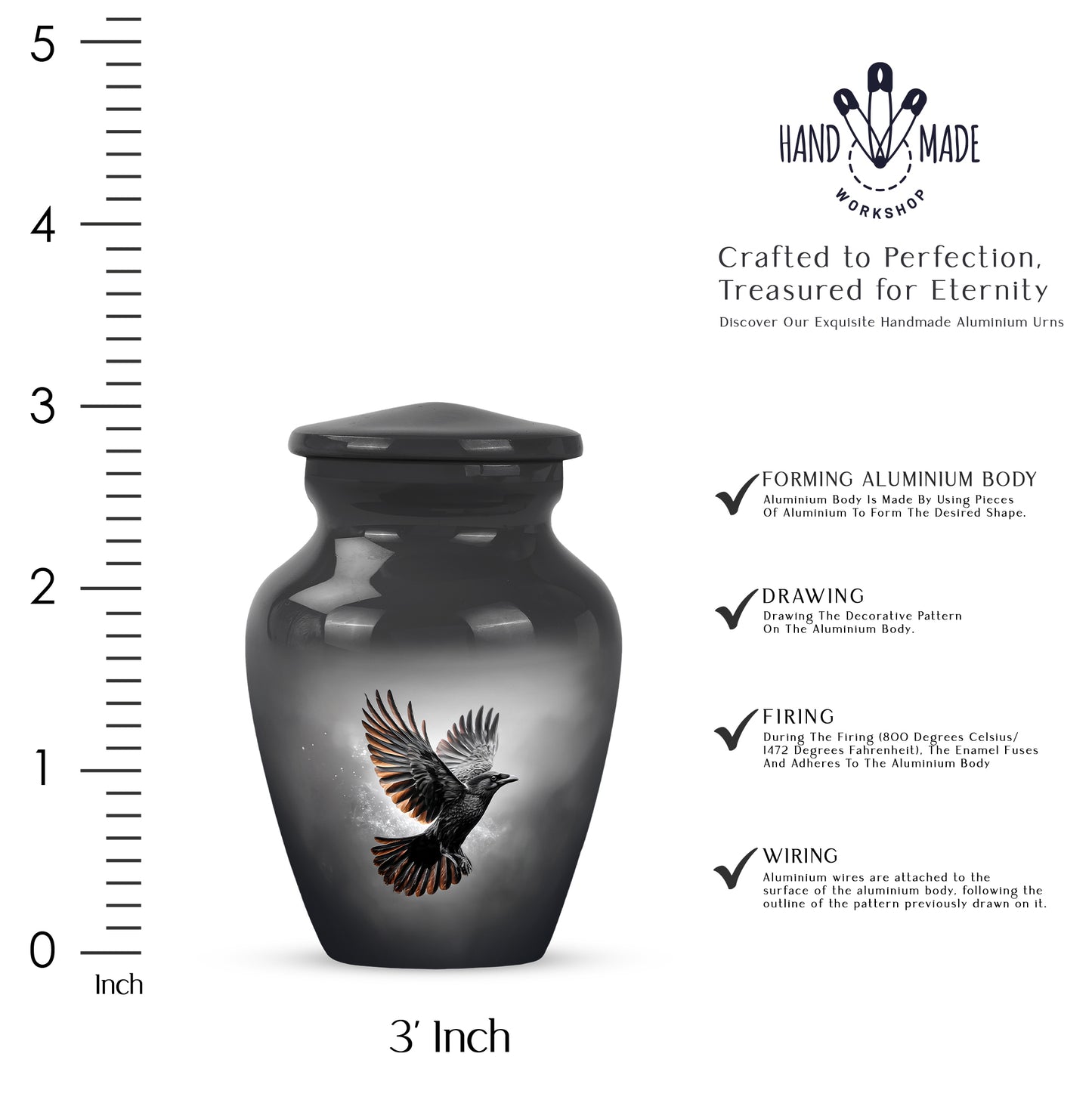 Midnight Black Crow Cremation Urn close-up of engraving and surface detail - traditional crow engraving with hand-polished finish - mini keepsake memorial for portion of cremation ashes