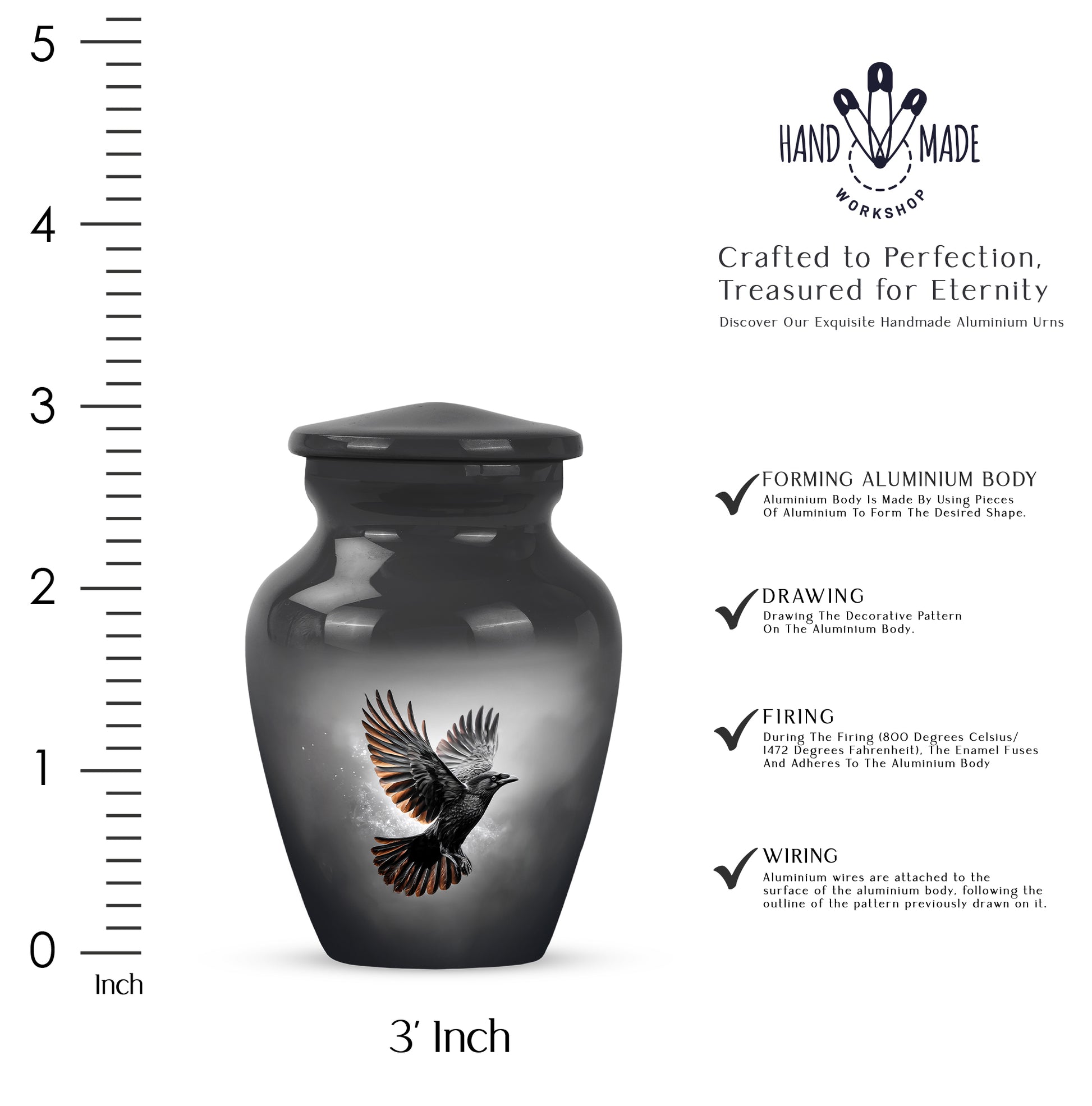 Midnight Black Crow Cremation Urn close-up of engraving and surface detail - traditional crow engraving with hand-polished finish - mini keepsake memorial for portion of cremation ashes