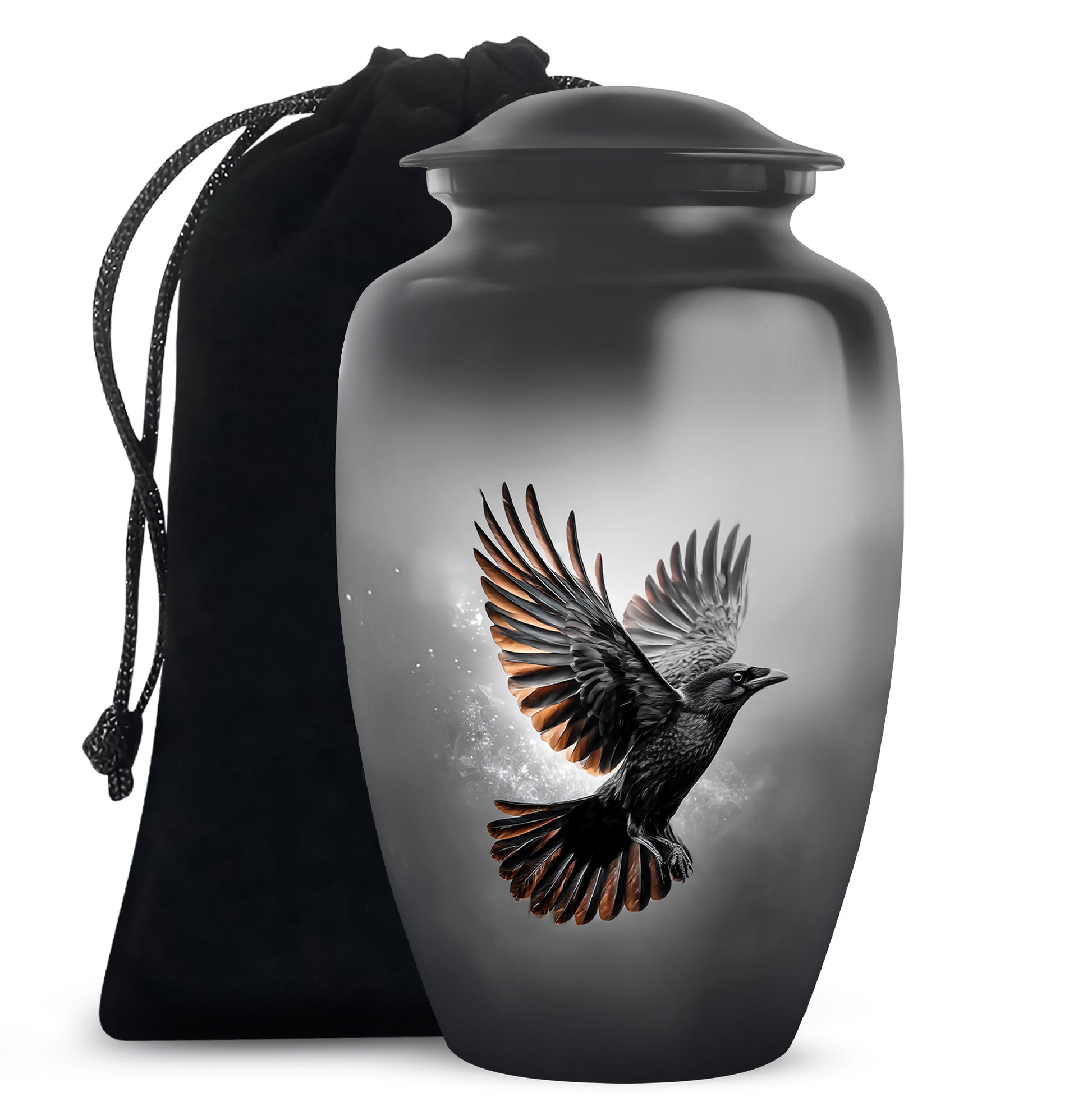 Onyx Black Crow Cremation Urn angled view of lid and engraved motif - elegant classic crow relief with fine detailing - full-size 10 inch 200 cubic inch adult cremation urn