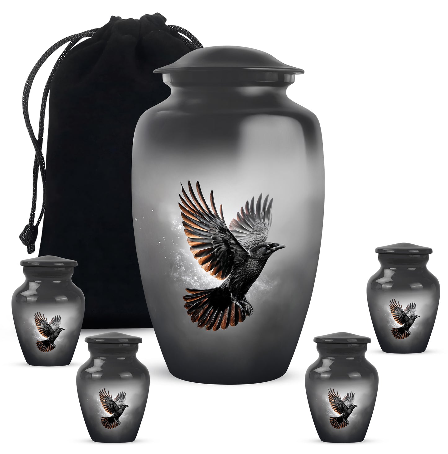 Obsidian Black Crow Cremation Urn top-down view of secure threaded lid - traditional crow engraving with hand-polished finish - memorial set with one large and four small urns