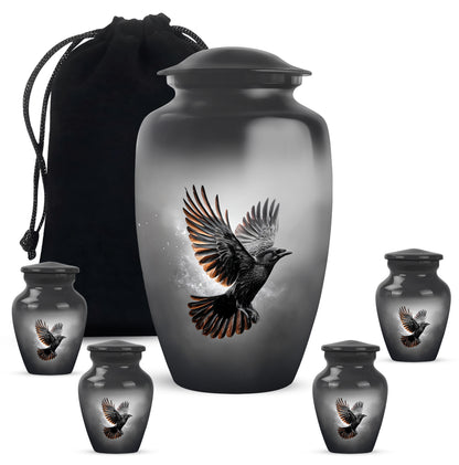 Obsidian Black Crow Cremation Urn top-down view of secure threaded lid - traditional crow engraving with hand-polished finish - memorial set with one large and four small urns