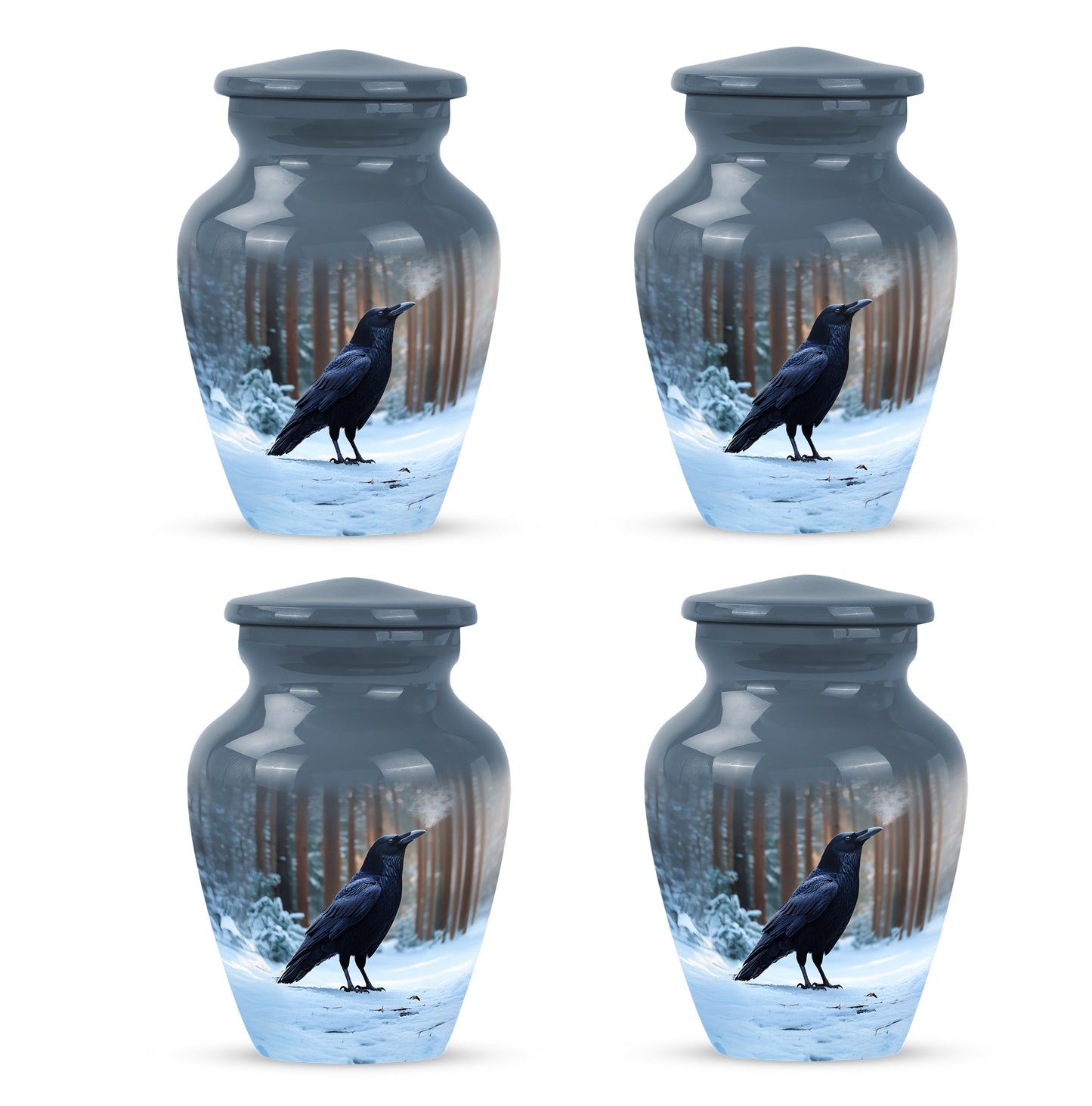 Pastel Blue Crow Cremation Urn side profile showing urn shape - timeless crow motif etched into premium metal - 10 inch aluminum urn for cremated remains