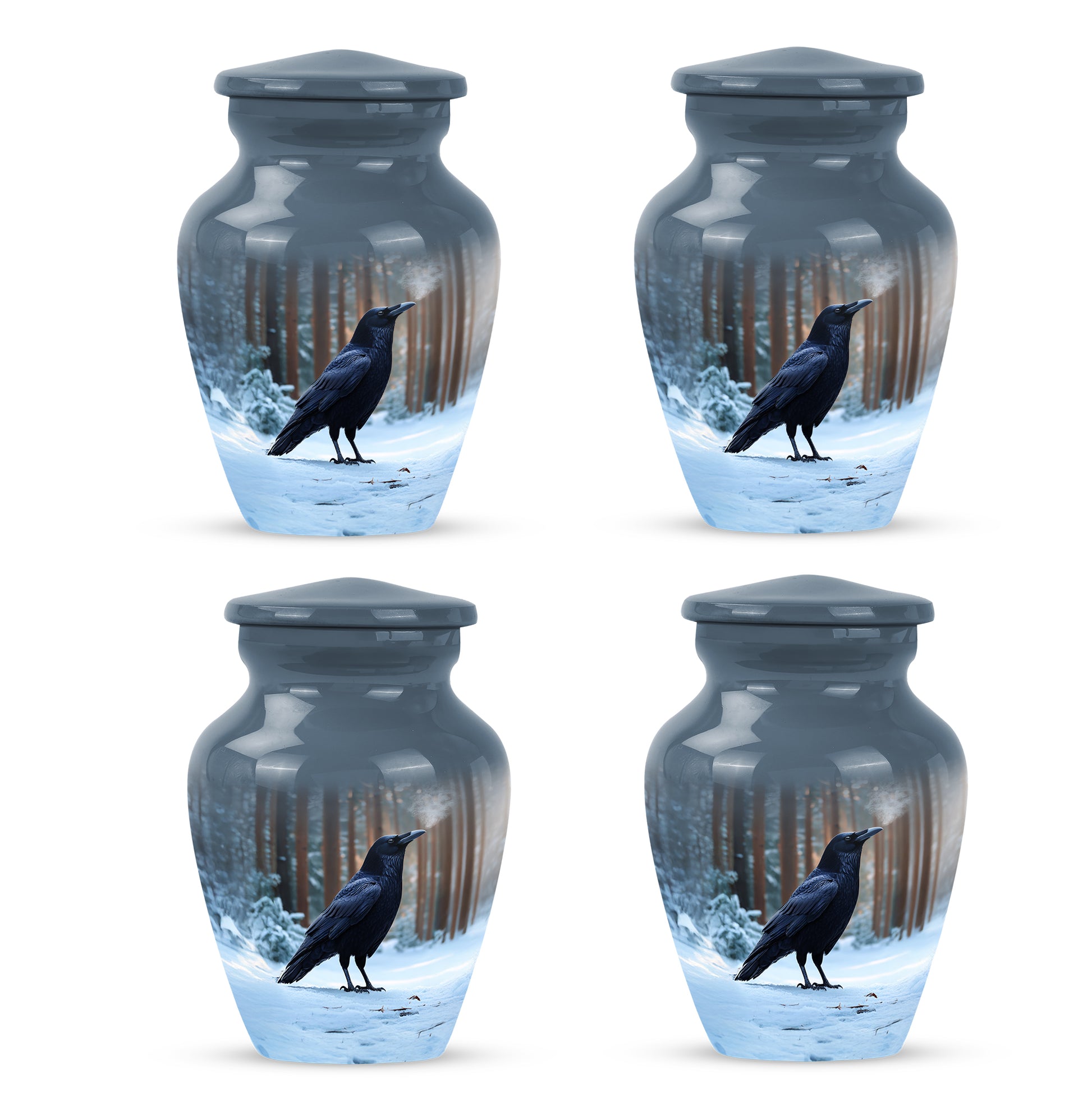 Pastel Blue Crow Cremation Urn side profile showing urn shape - timeless crow motif etched into premium metal - 10 inch aluminum urn for cremated remains