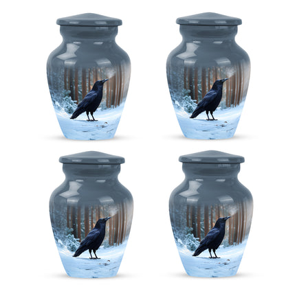 Pastel Blue Crow Cremation Urn side profile showing urn shape - timeless crow motif etched into premium metal - 10 inch aluminum urn for cremated remains