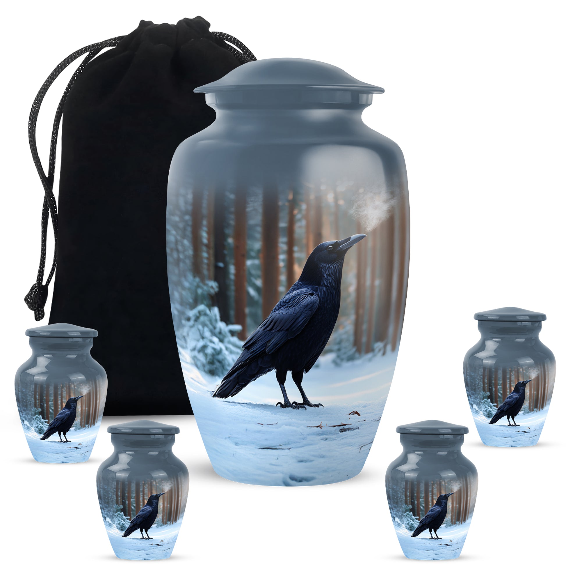 Bright Blue Crow Cremation Urn top-down view of secure threaded lid - traditional crow engraving with hand-polished finish - memorial set with one large and four small urns