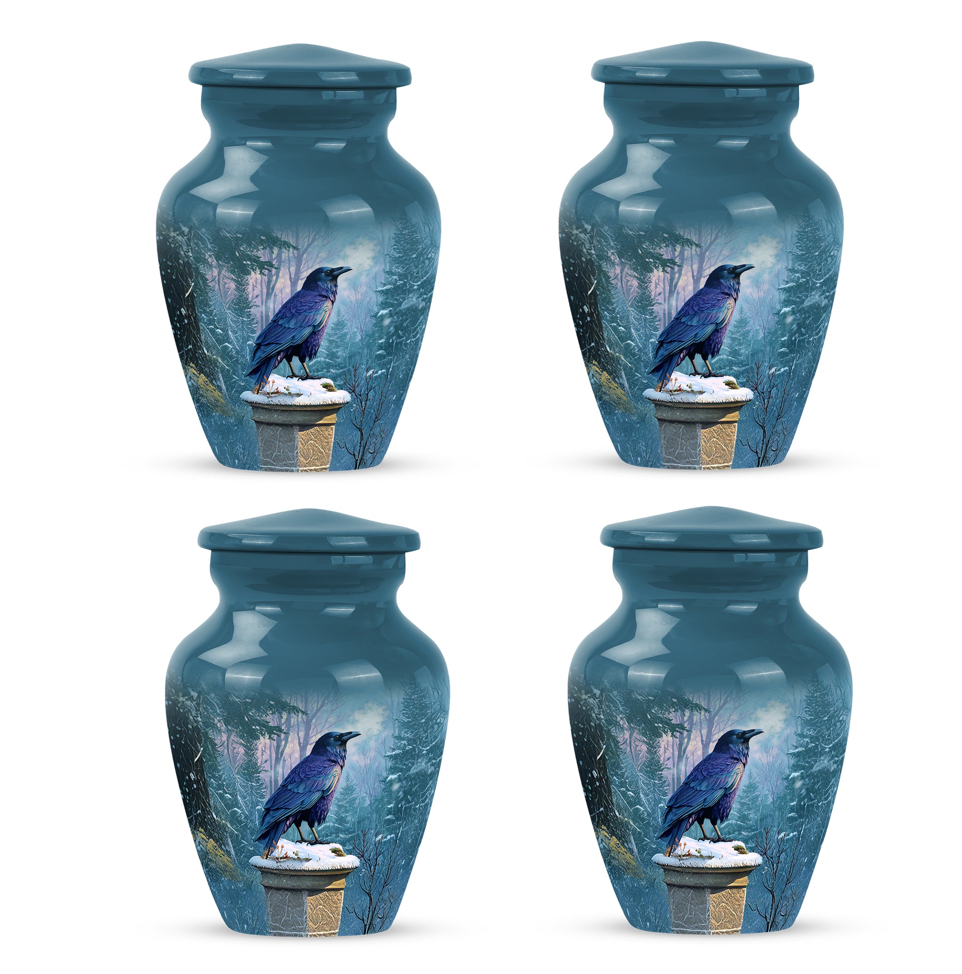 Indigo Crow Cremation Urn side profile showing urn shape - classic sculpted crow pattern on smooth aluminum - 10 inch aluminum urn for cremated remains