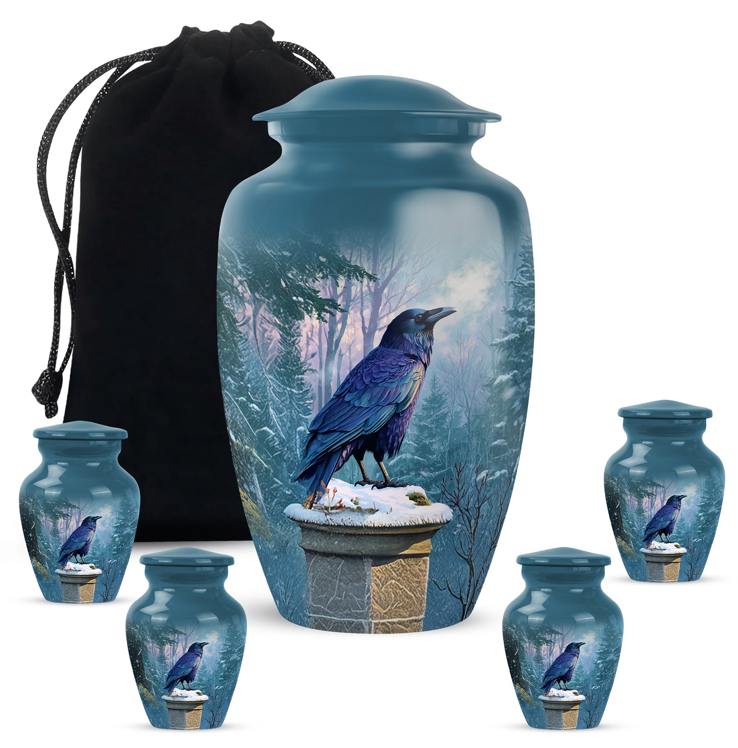 Indigo Crow Cremation Urn top-down view of secure threaded lid - timeless crow motif etched into premium metal - memorial set with one large and four small urns