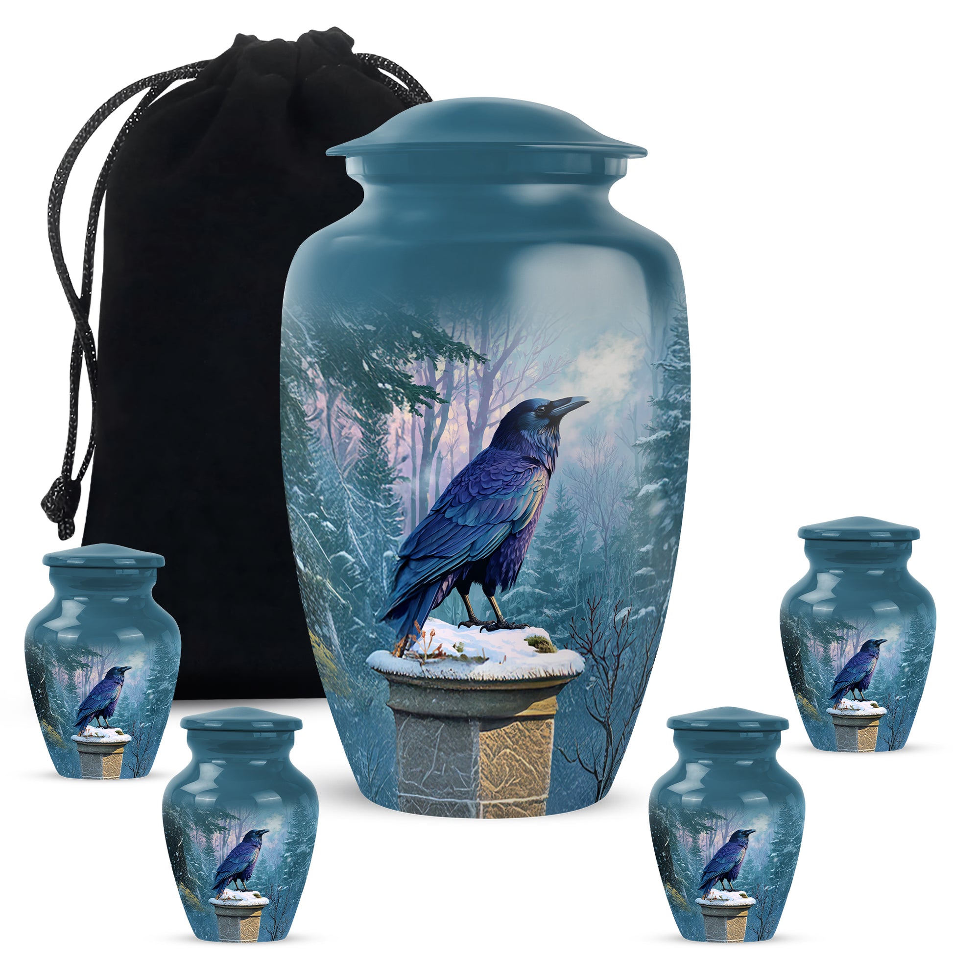 Indigo Crow Cremation Urn top-down view of secure threaded lid - timeless crow motif etched into premium metal - memorial set with one large and four small urns
