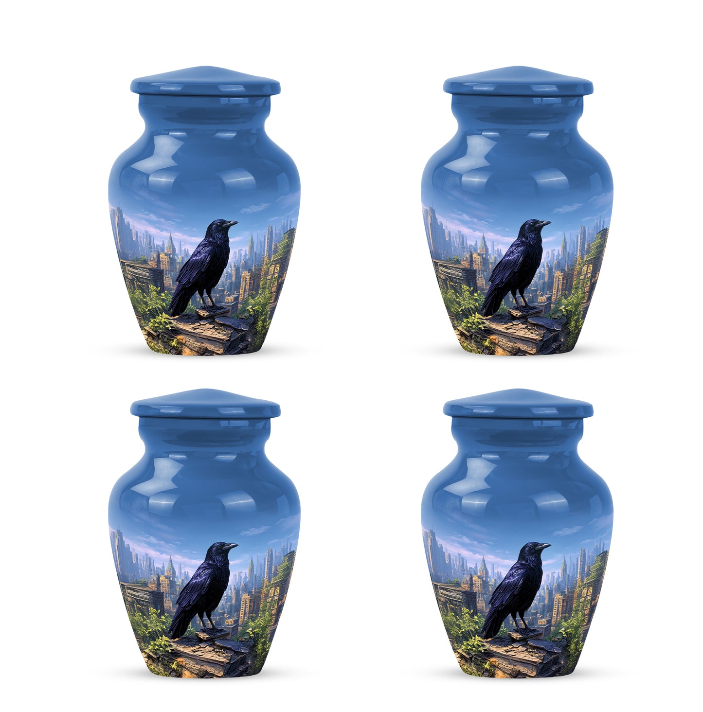 Calming Blue Crow Cremation Urn side profile showing urn shape - traditional crow engraving with hand-polished finish - 10 inch aluminum urn for cremated remains