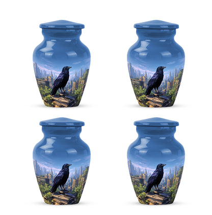 Calming Blue Crow Cremation Urn side profile showing urn shape - traditional crow engraving with hand-polished finish - 10 inch aluminum urn for cremated remains