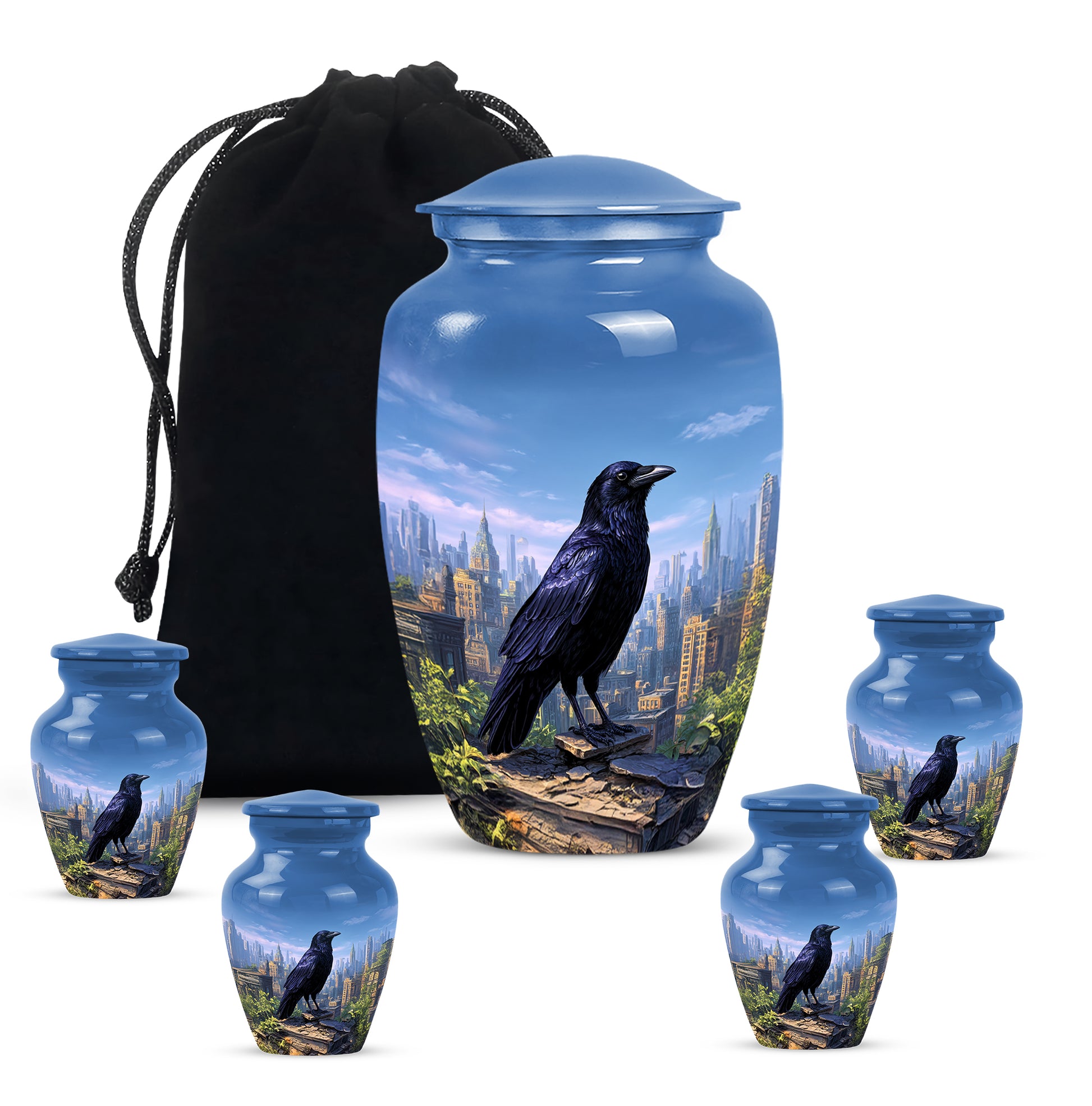 Soft Blue Crow Cremation Urn top-down view of secure threaded lid - elegant classic crow relief with fine detailing - memorial set with one large and four small urns