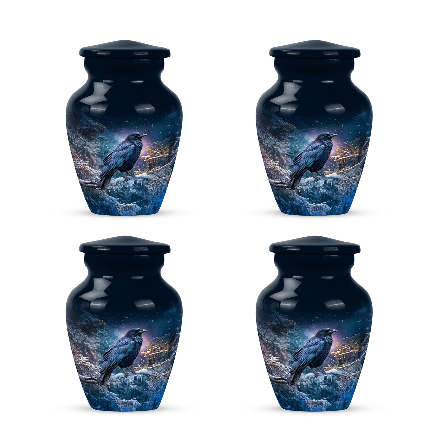 Azure Crow Cremation Urn side profile showing urn shape - timeless crow motif etched into premium metal - 10 inch aluminum urn for cremated remains