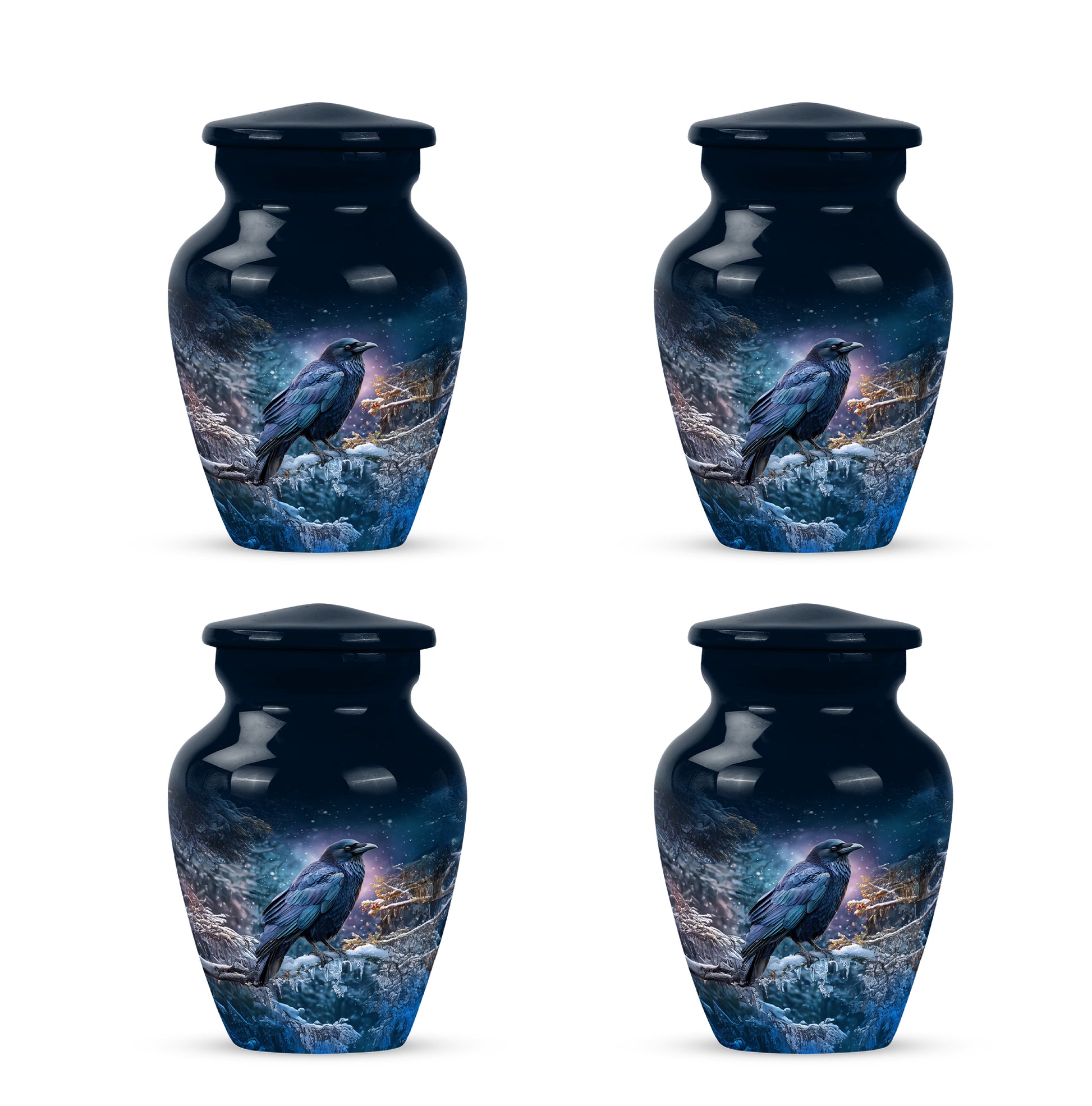 Azure Crow Cremation Urn side profile showing urn shape - timeless crow motif etched into premium metal - 10 inch aluminum urn for cremated remains