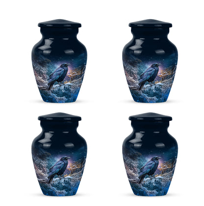 Azure Crow Cremation Urn side profile showing urn shape - timeless crow motif etched into premium metal - 10 inch aluminum urn for cremated remains