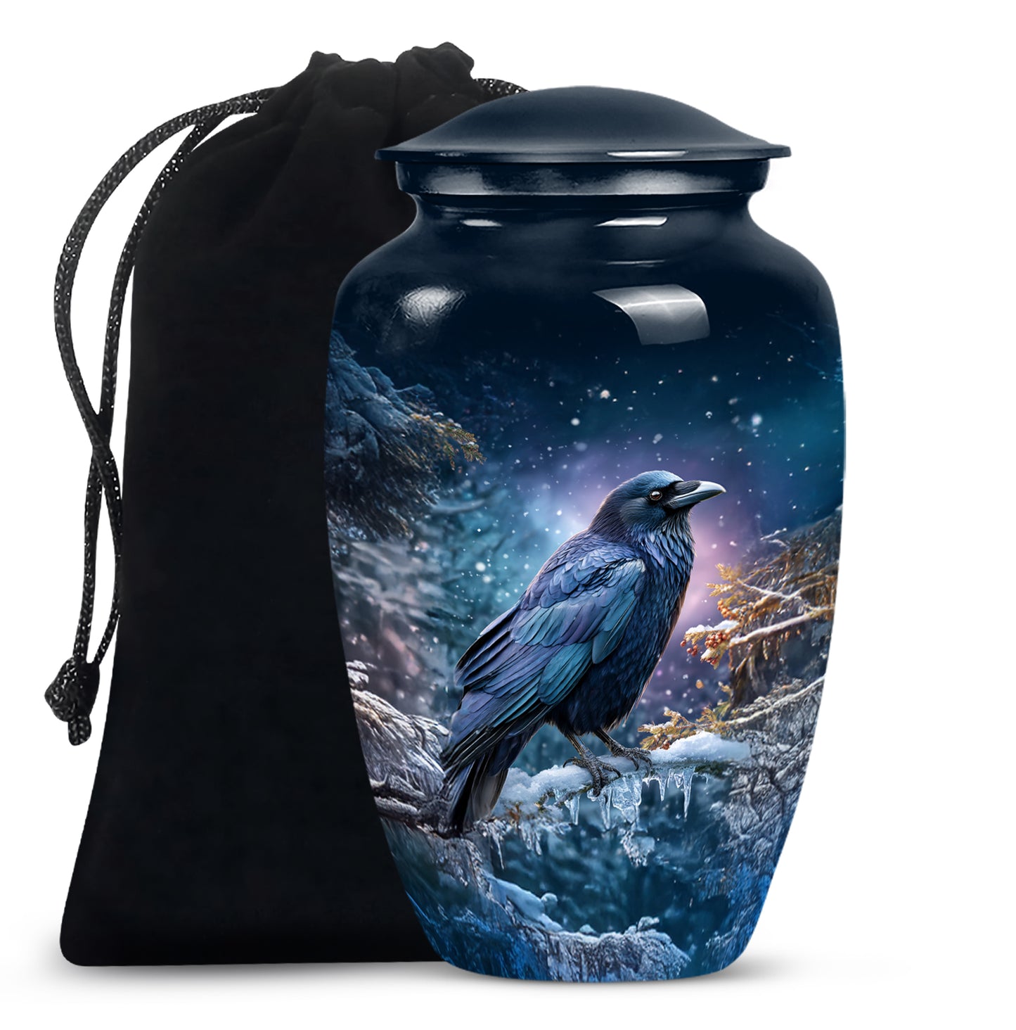 Pastel Blue Crow Cremation Urn angled view of lid and engraved motif - classic sculpted crow pattern on smooth aluminum - full-size 10 inch 200 cubic inch adult cremation urn