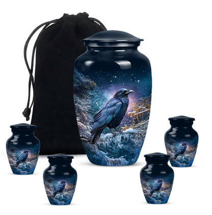 Indigo Crow Cremation Urn top-down view of secure threaded lid - timeless crow motif etched into premium metal - memorial set with one large and four small urns