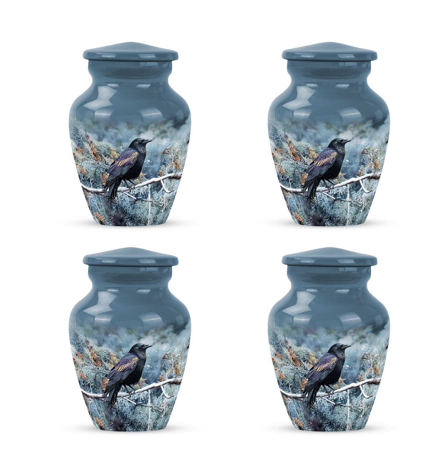 Pastel Blue Crow Cremation Urn side profile showing urn shape - timeless crow motif etched into premium metal - 10 inch aluminum urn for cremated remains