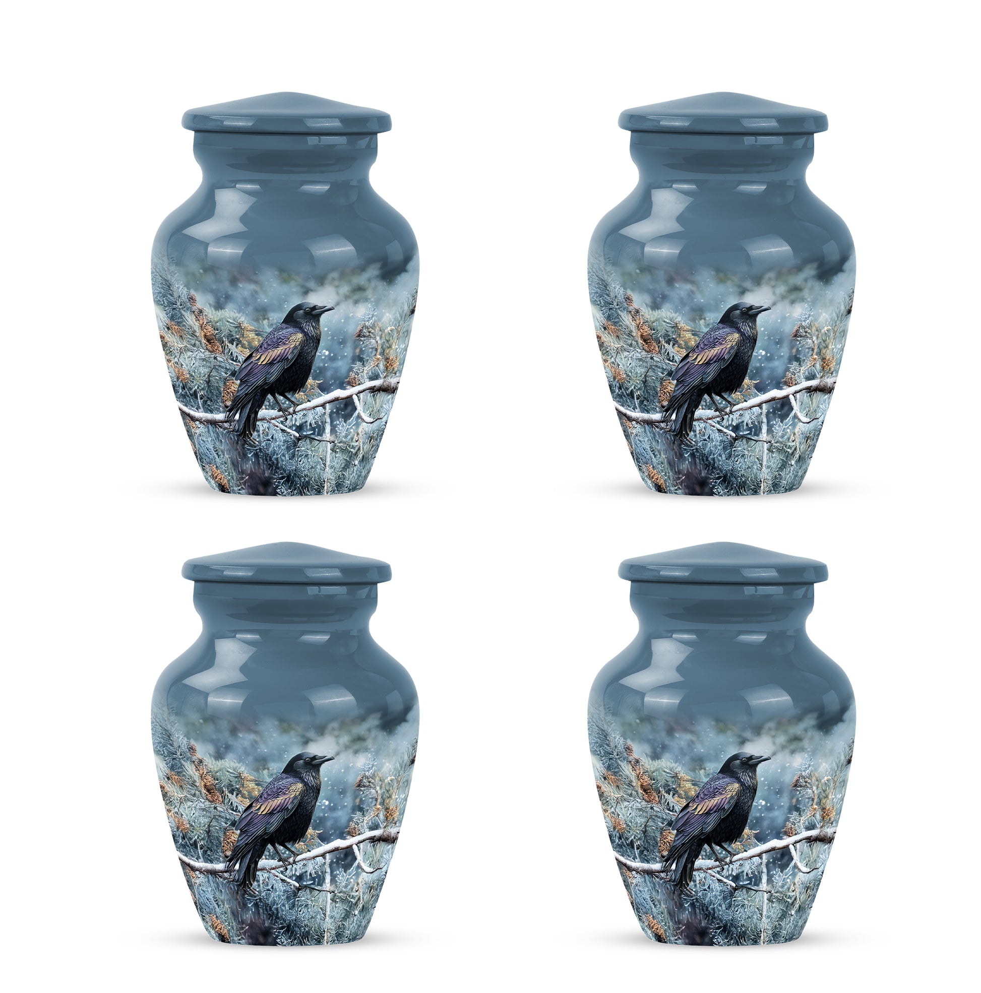 Pastel Blue Crow Cremation Urn side profile showing urn shape - timeless crow motif etched into premium metal - 10 inch aluminum urn for cremated remains