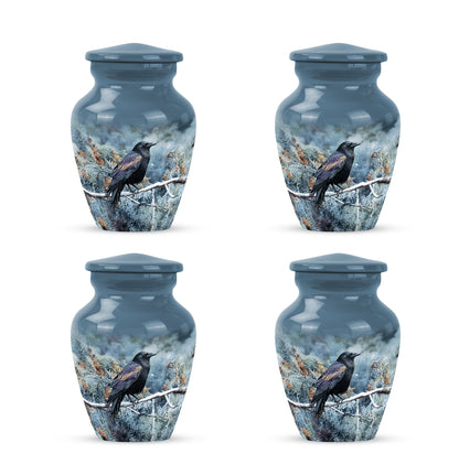 Pastel Blue Crow Cremation Urn side profile showing urn shape - timeless crow motif etched into premium metal - 10 inch aluminum urn for cremated remains