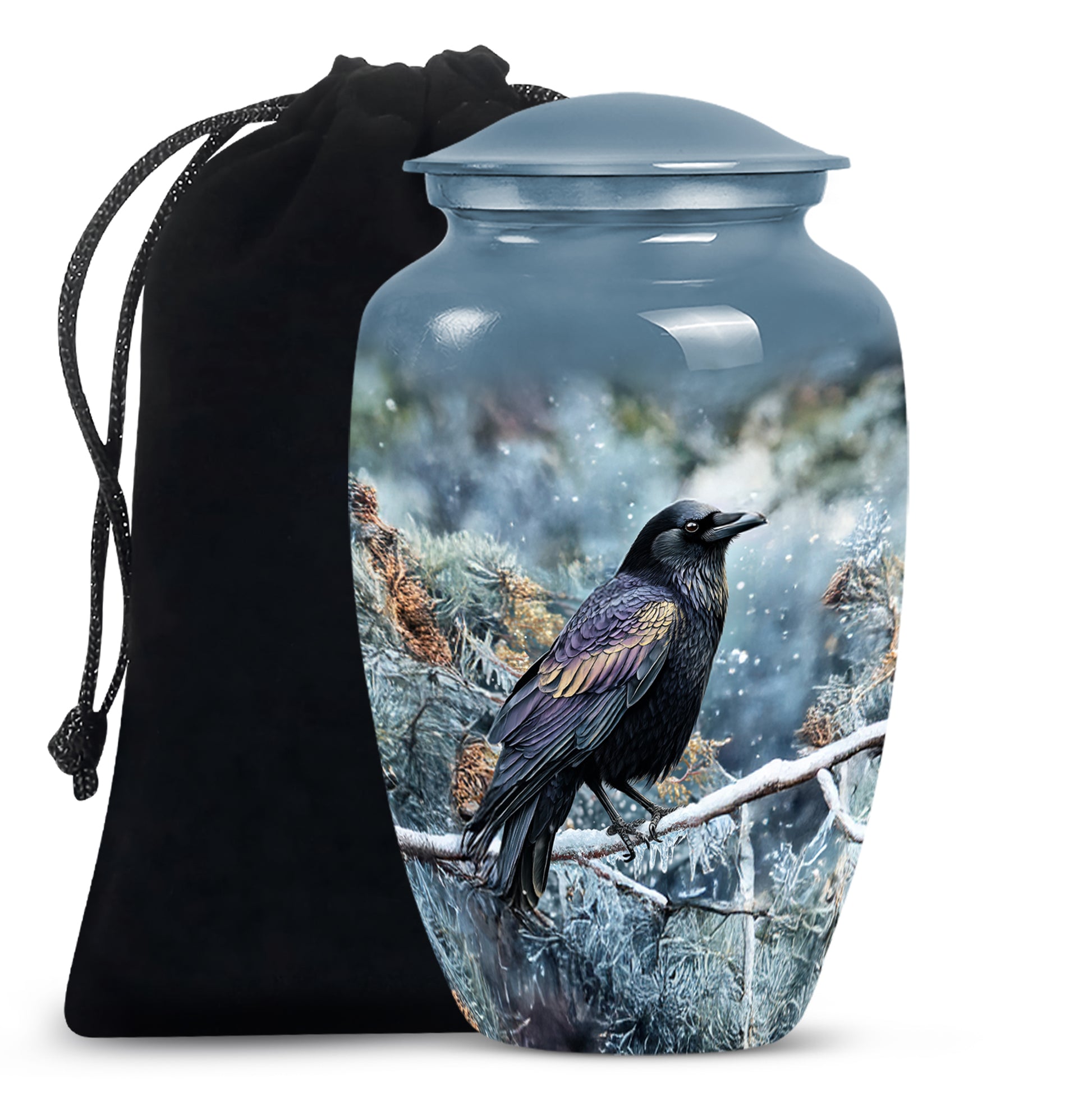 Icy Blue Crow Cremation Urn angled view of lid and engraved motif - classic sculpted crow pattern on smooth aluminum - full-size 10 inch 200 cubic inch adult cremation urn