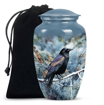 Icy Blue Crow Cremation Urn angled view of lid and engraved motif - classic sculpted crow pattern on smooth aluminum - full-size 10 inch 200 cubic inch adult cremation urn