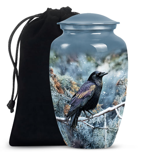Icy Blue Crow Cremation Urn angled view of lid and engraved motif - classic sculpted crow pattern on smooth aluminum - full-size 10 inch 200 cubic inch adult cremation urn