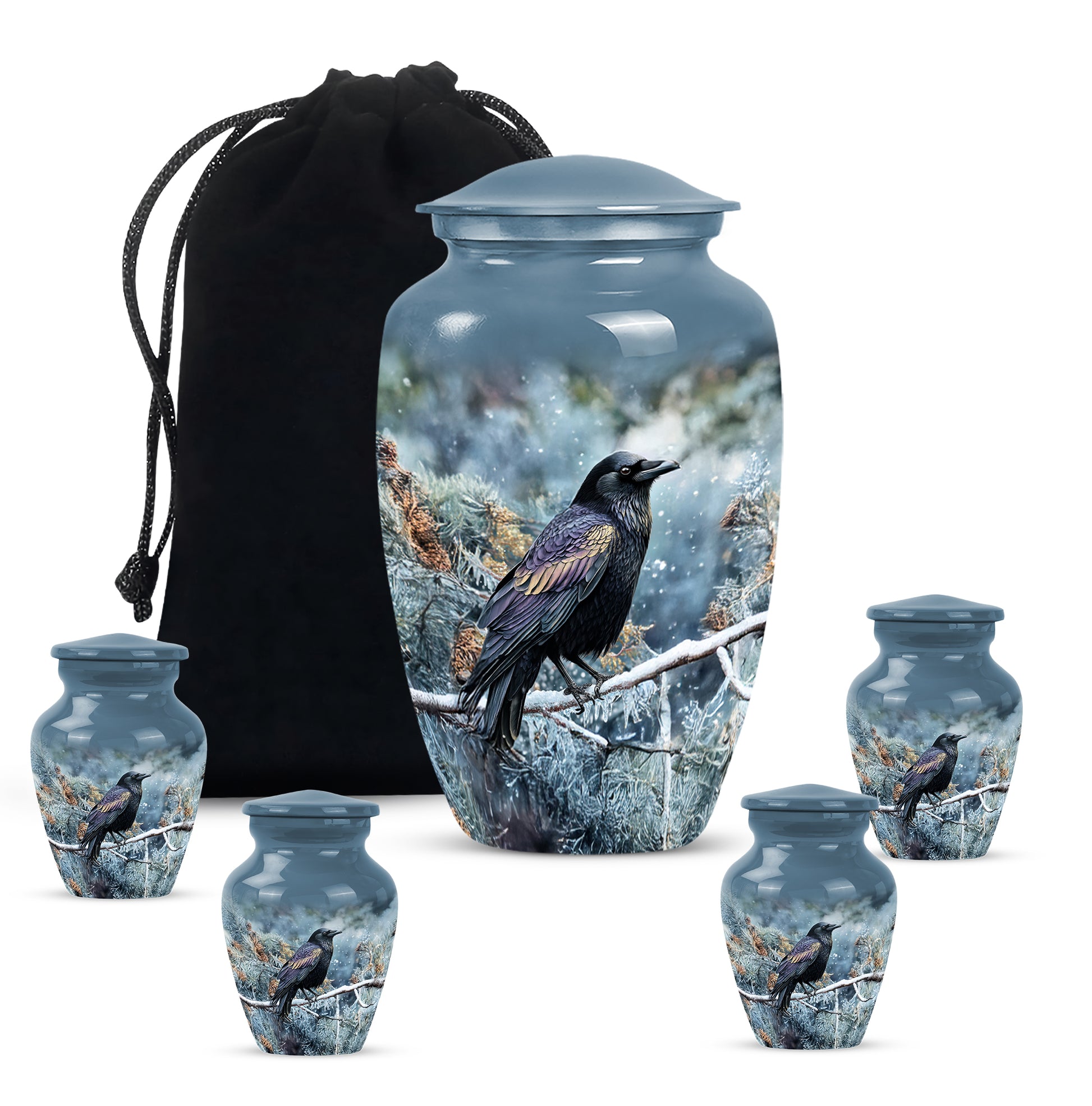 Indigo Crow Cremation Urn top-down view of secure threaded lid - timeless crow motif etched into premium metal - memorial set with one large and four small urns