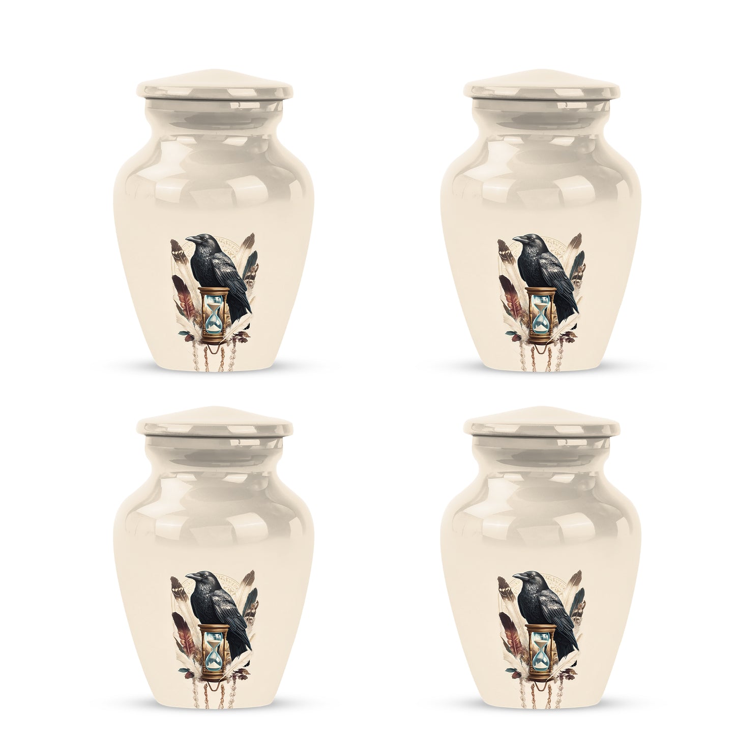 Frost White Crow Cremation Urn side profile showing urn shape - timeless crow motif etched into premium metal - 10 inch aluminum urn for cremated remains