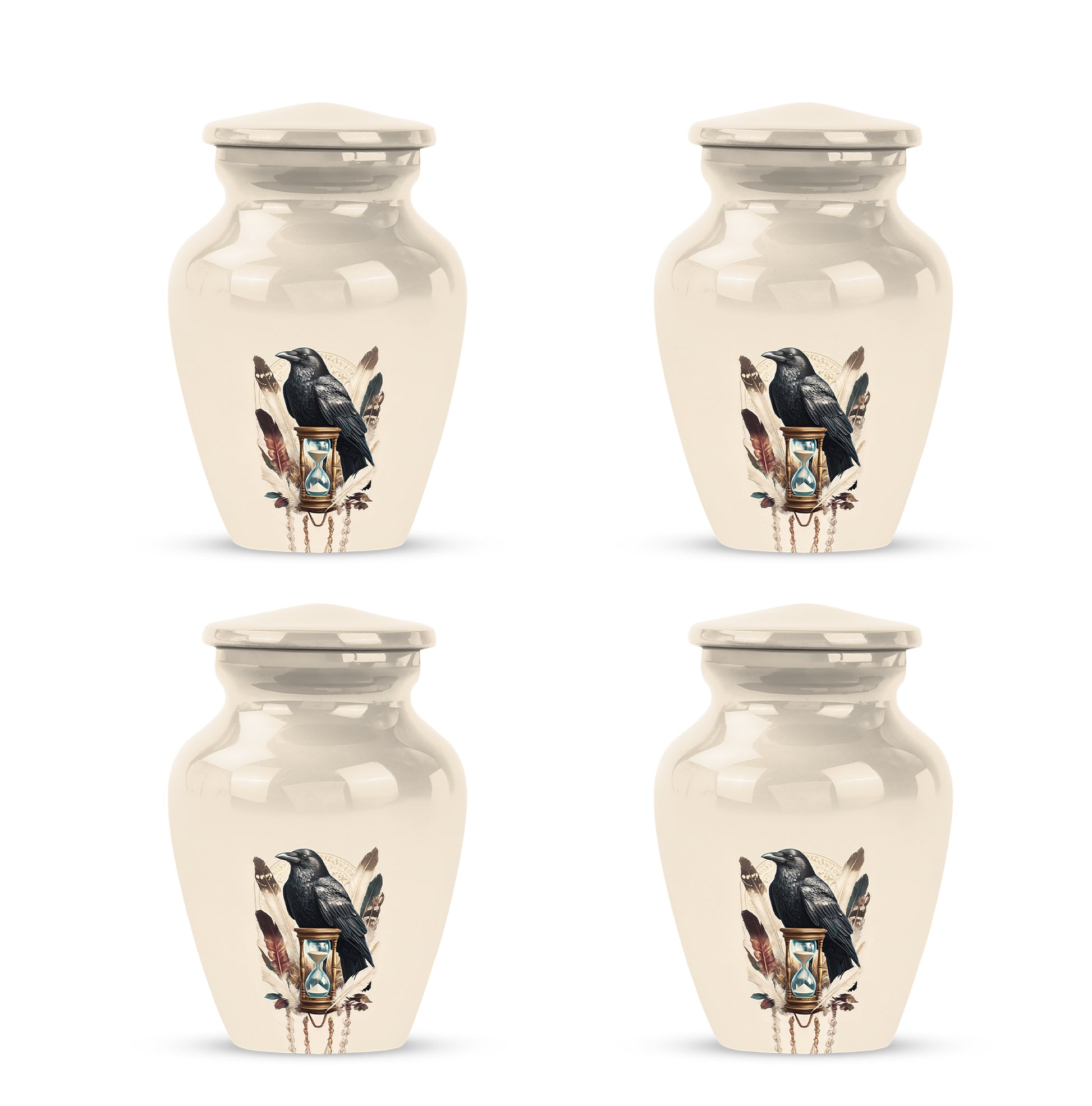 Frost White Crow Cremation Urn side profile showing urn shape - timeless crow motif etched into premium metal - 10 inch aluminum urn for cremated remains
