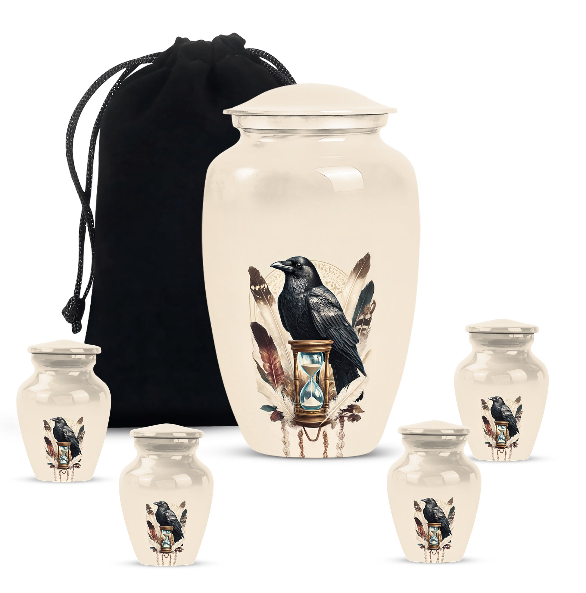 Snow White Crow Cremation Urn top-down view of secure threaded lid - timeless crow motif etched into premium metal - memorial set with one large and four small urns