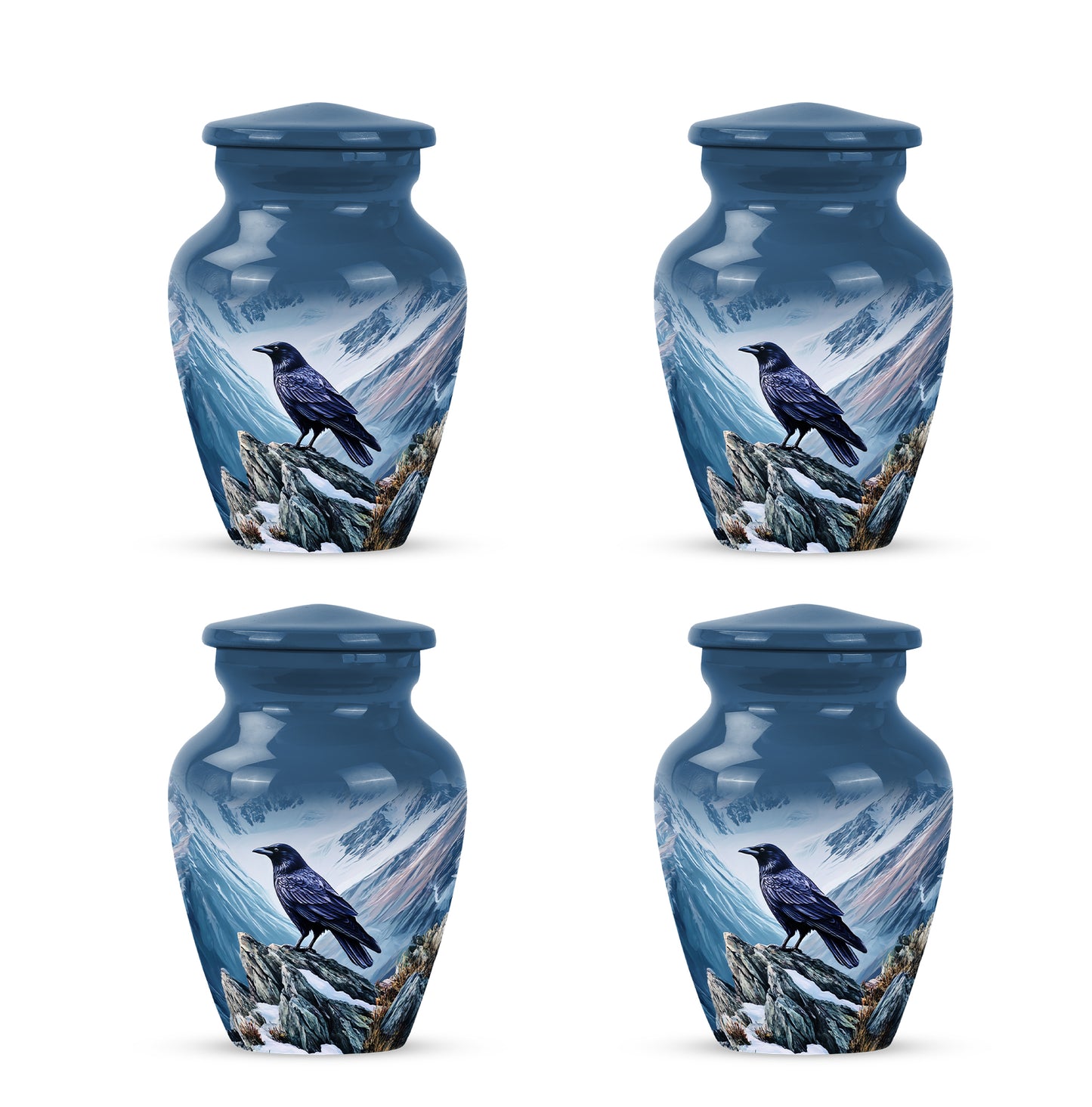 Cornflower Blue Crow Cremation Urn side profile showing urn shape - elegant classic crow relief with fine detailing - 10 inch aluminum urn for cremated remains